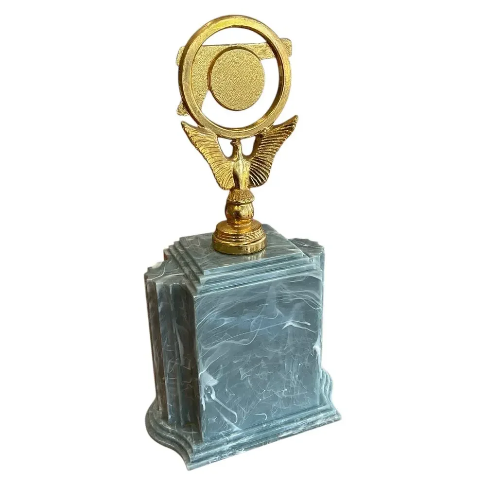Vintage Blue Swirl‎ Shooting Trophy with Pistol and Target Gold Topper